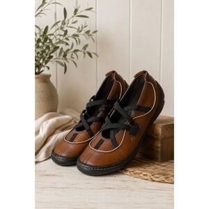 Privo Comfort Leather Mary Jane Flats Brown Elastic Strap Walking Shoes